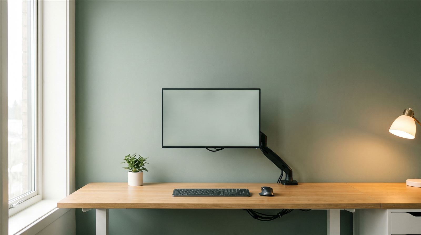 A minimalist home office desk with a monitor on an arm, keyboard, plant and a warm desk lamp